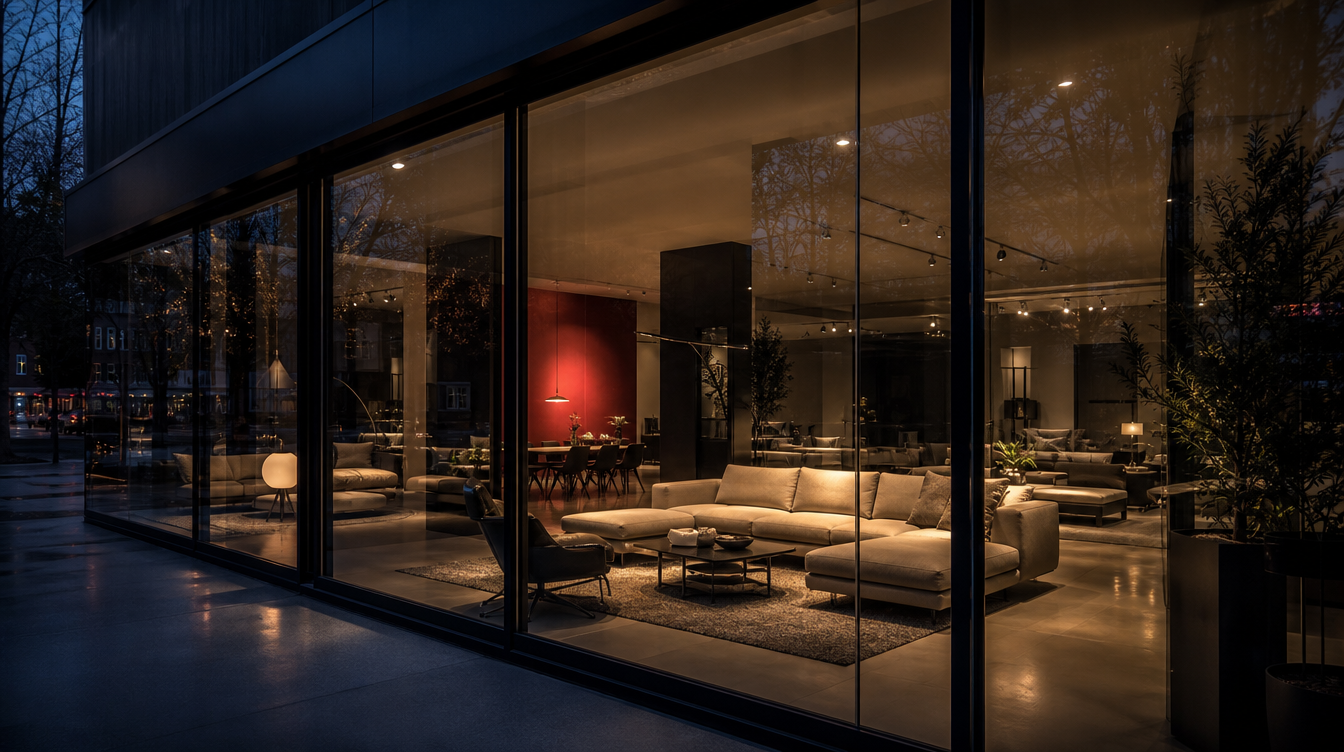 Furniture showroom at dusk — glass facade, professional setting