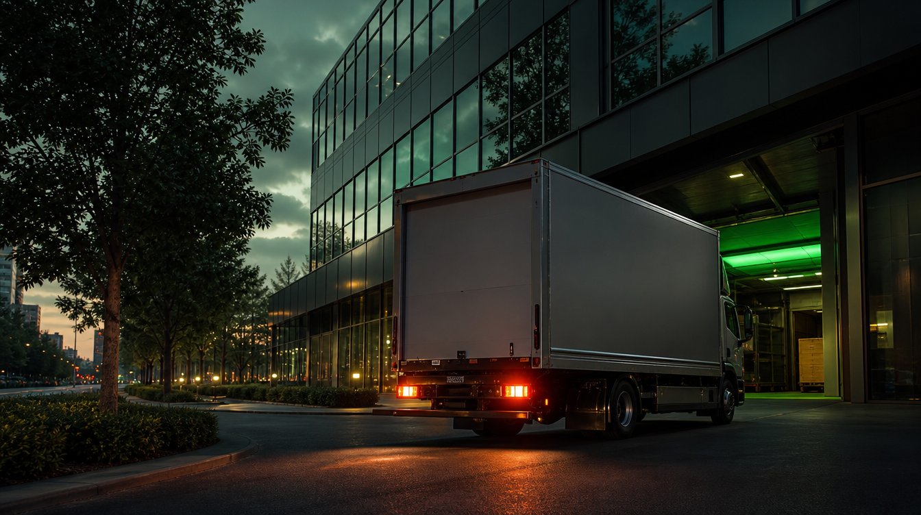 Delivery truck departing a modern city building at dusk