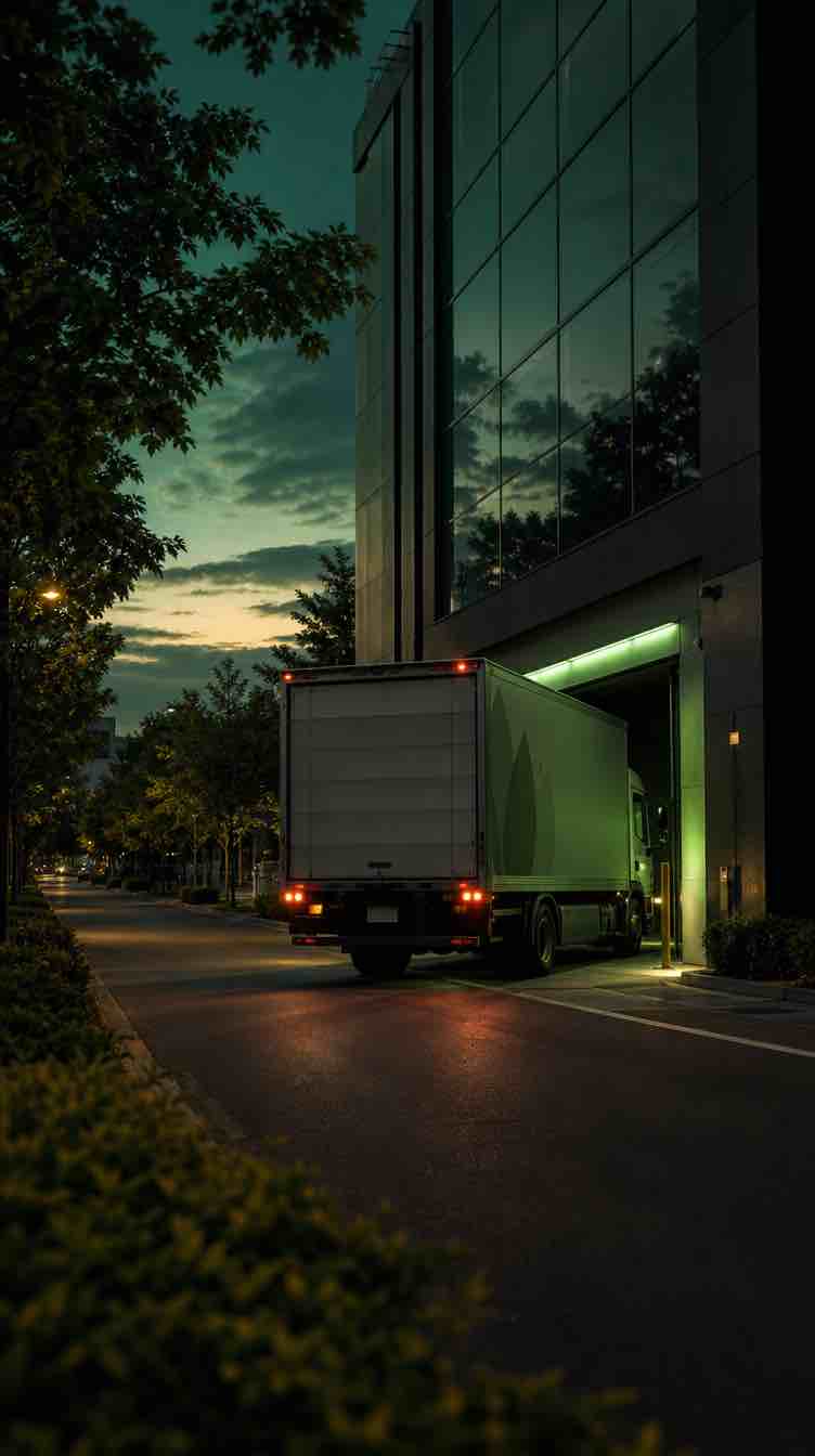 White delivery truck reversing into a green-lit loading dock at dusk