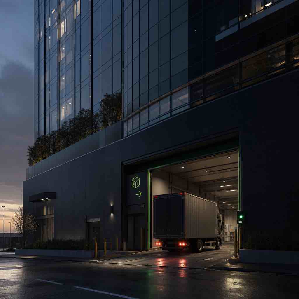 Green-lit loading dock entrance of a modern high-rise tower at dusk