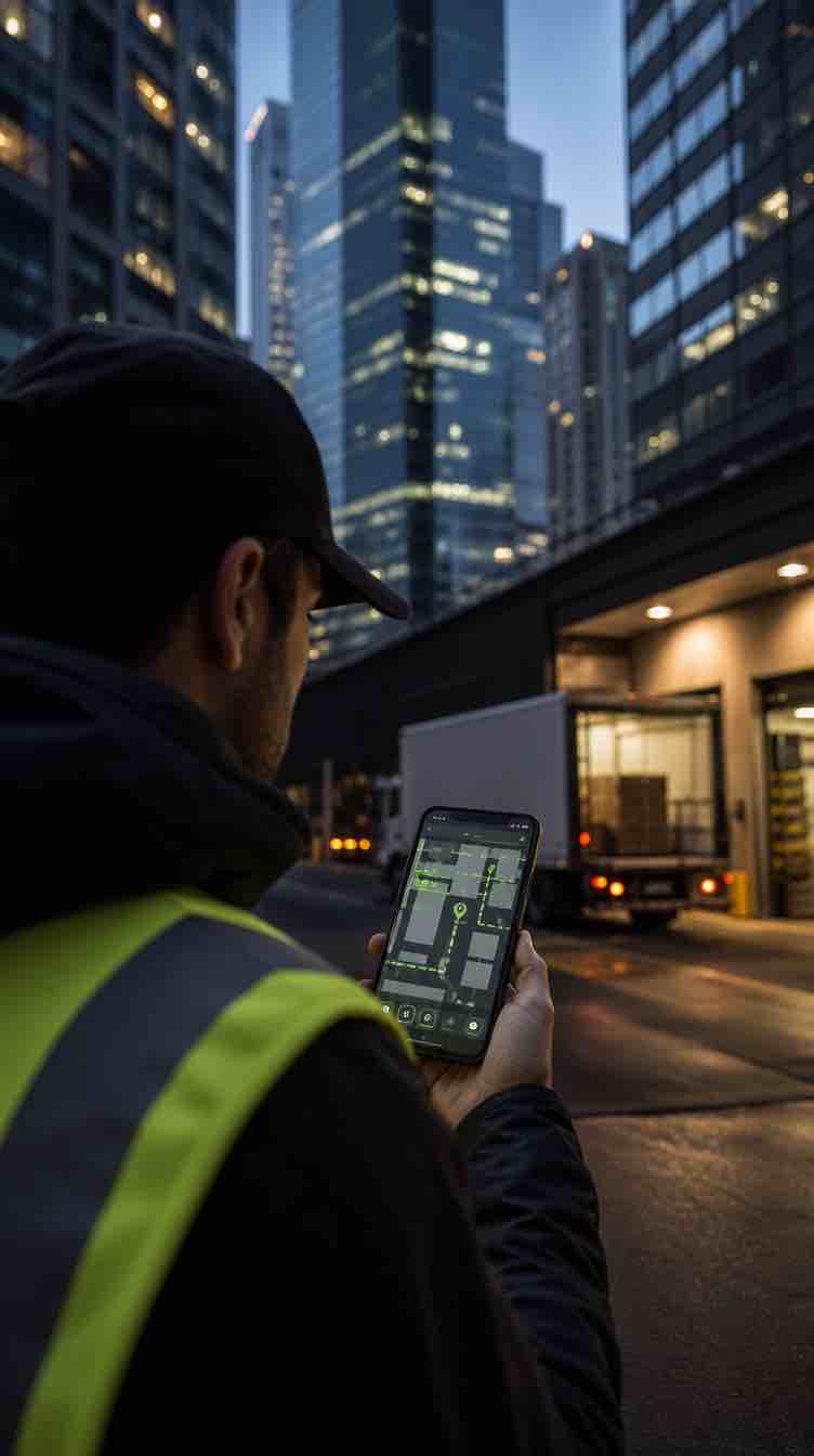 Over-the-shoulder view of a delivery driver holding a phone showing dock details
