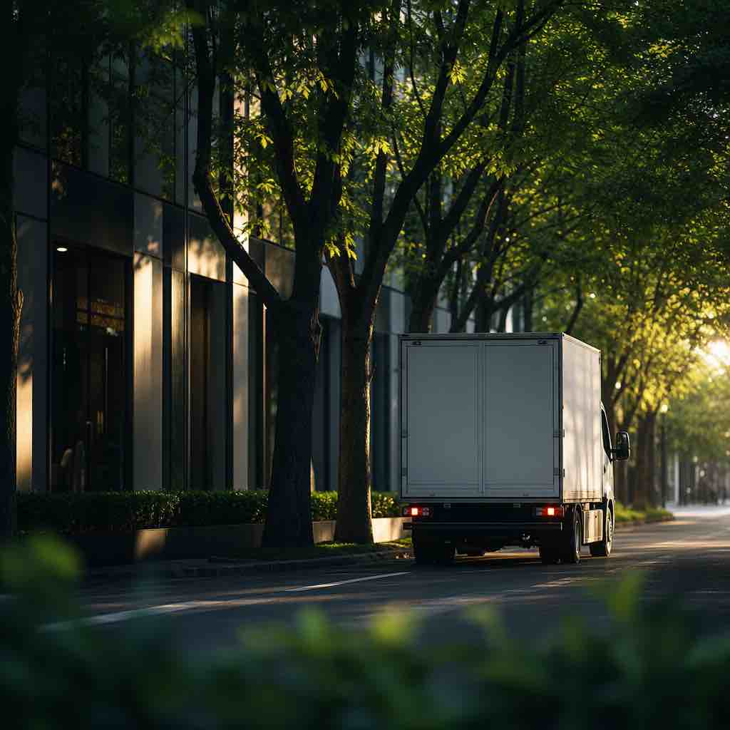 Delivery truck on a tree-lined urban street arriving at a building