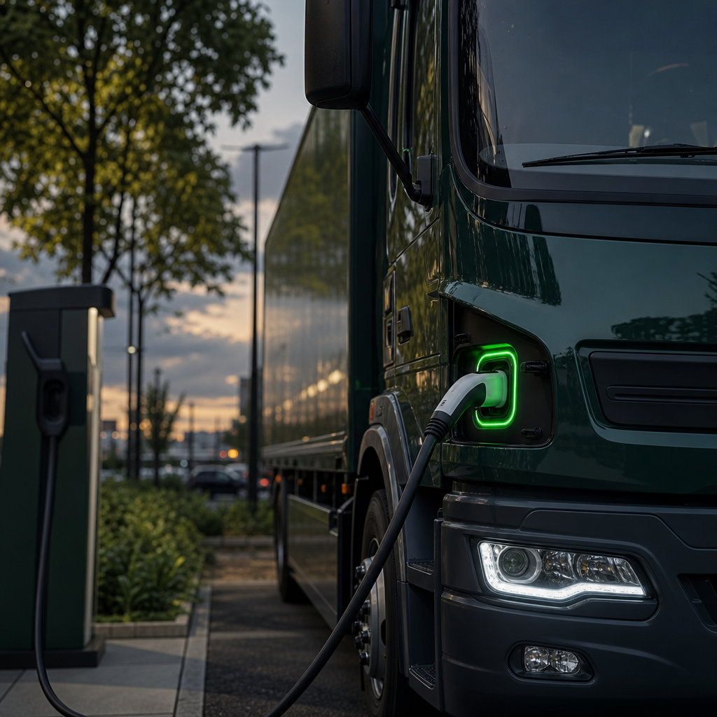 Electric delivery truck charging at station