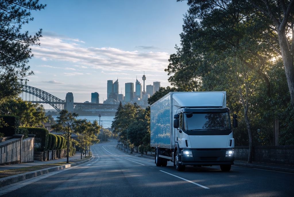 Delivery truck on a quiet tree-lined Sydney street with the Harbour Bridge and city skyline in the background.
