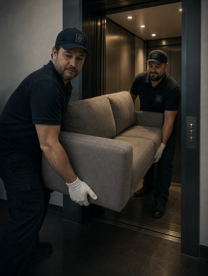 Two delivery workers manoeuvring a sofa through an elevator