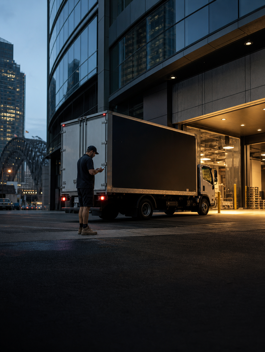 Delivery driver checking phone at high-rise loading dock